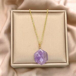 NWT Natural Rose Quartz Pendant Necklace 14K Gold Plated Hexagon 18”